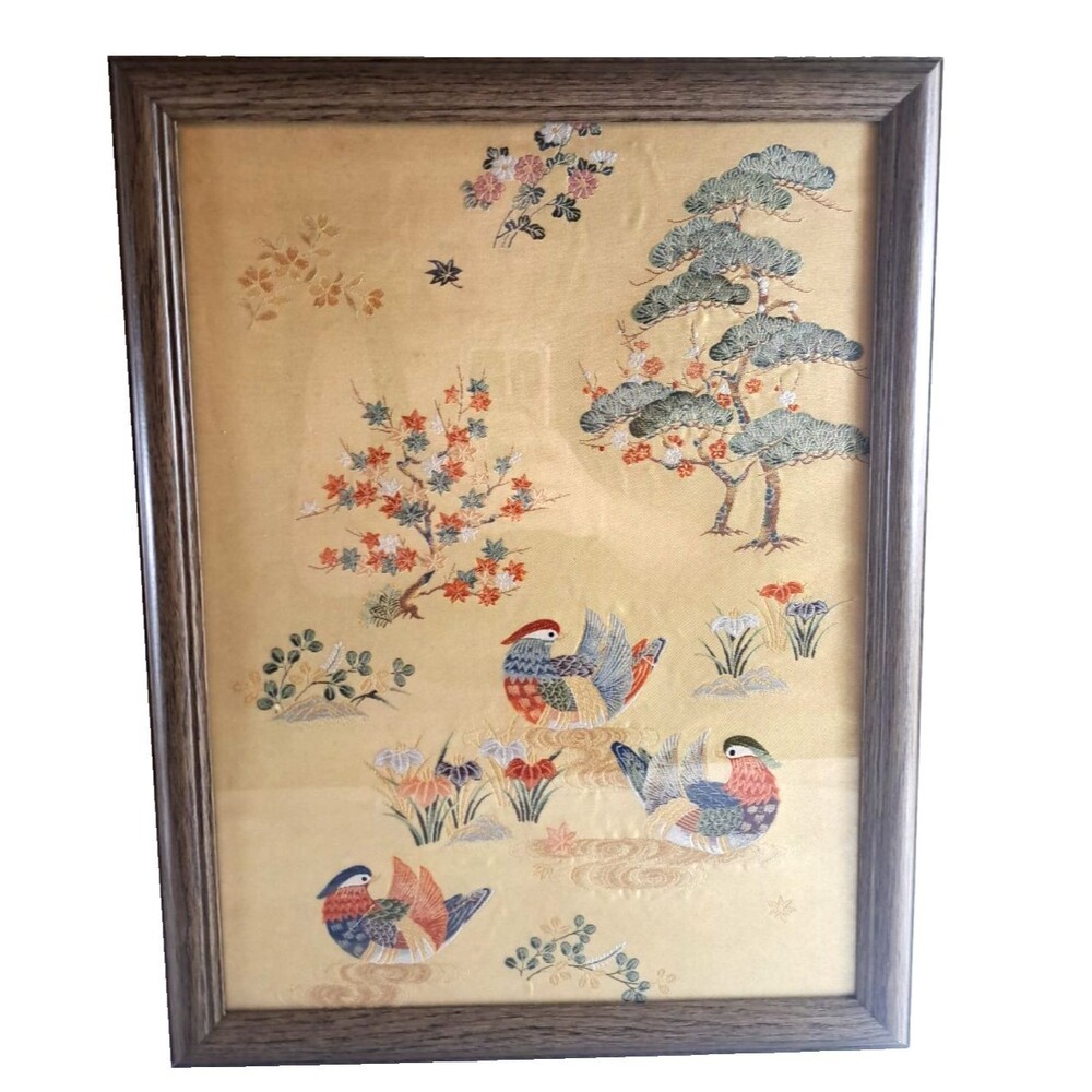 Silk Embroidered Fukuro Obi Wall Art Picture Japan Mandarin Ducks Gold 18.5x14
